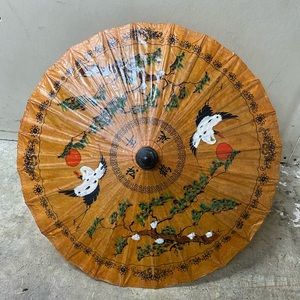 Handpainted Japanese Bamboo And Rice Paper Umbrella Parasol 22” D